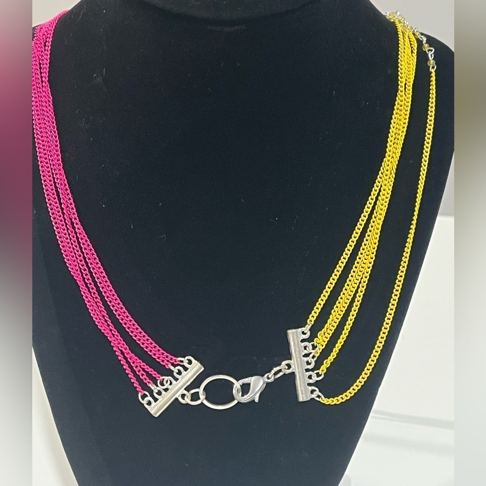 Long pink and yellow silver tone necklace - Picture 9 of 11